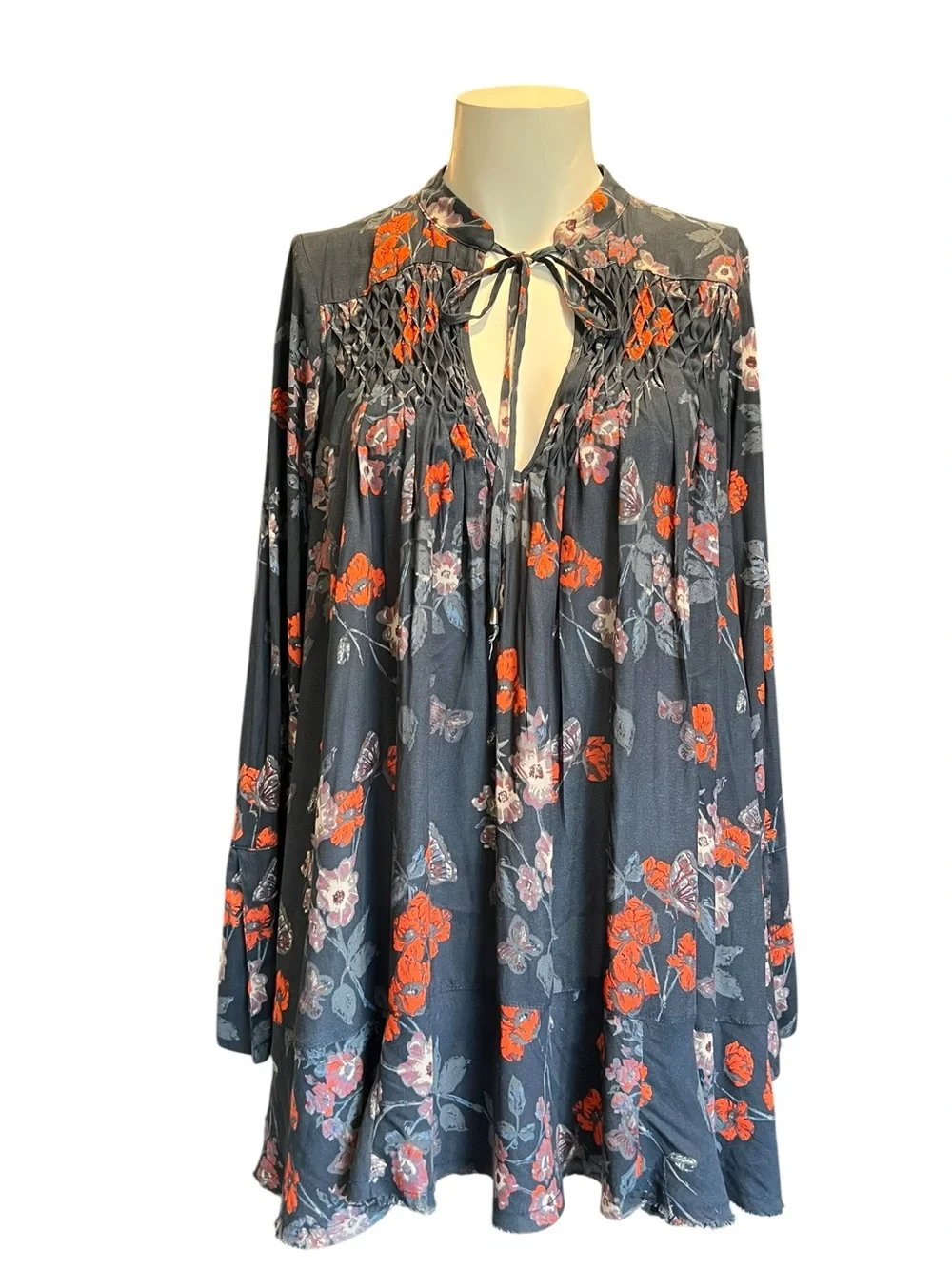 Free People Black Floral Tie-Neck Blouse with Orange Accents